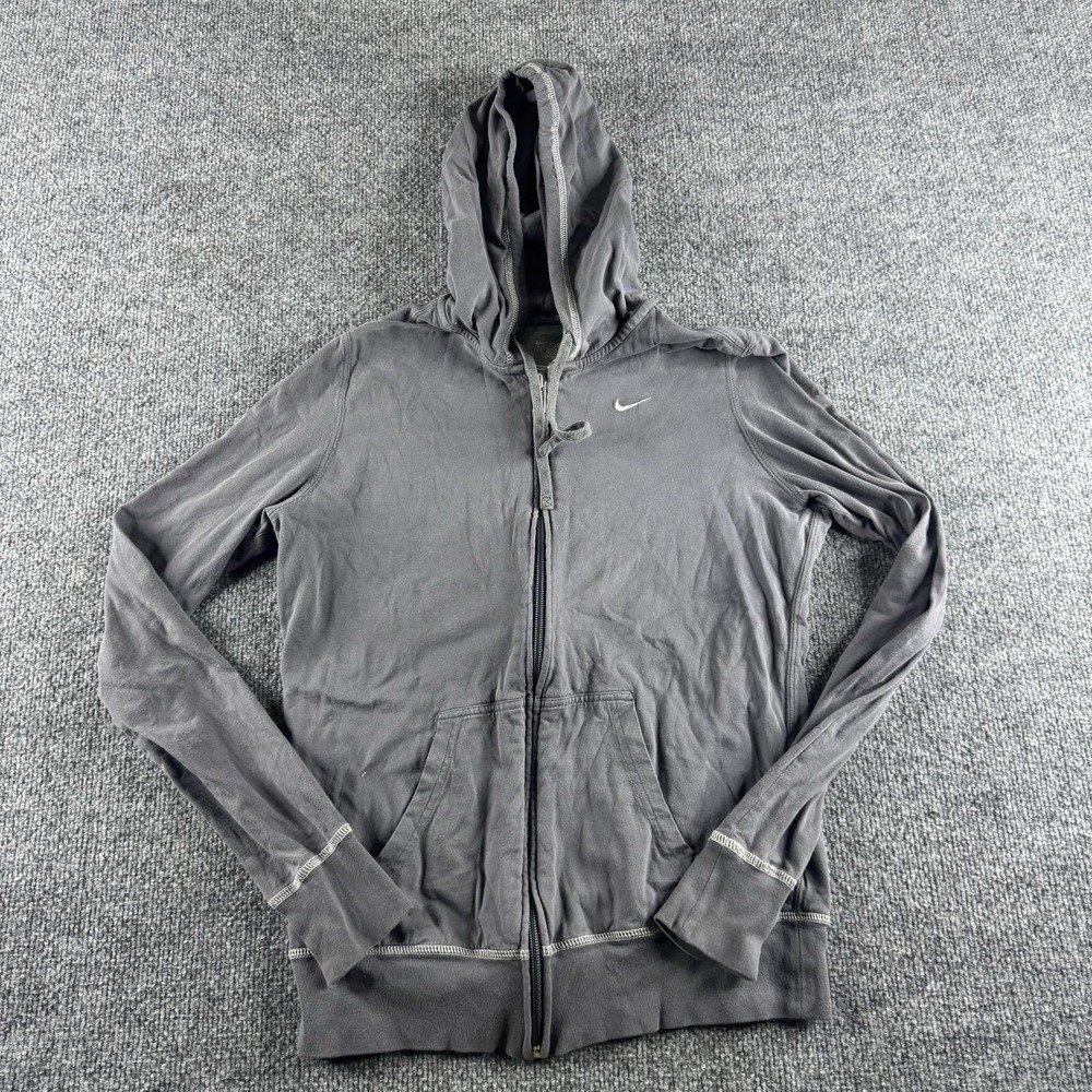 Nike Hoodie Womens L Gray Lightweight Full Zip Pockets Swoosh Logo Sweatshirt